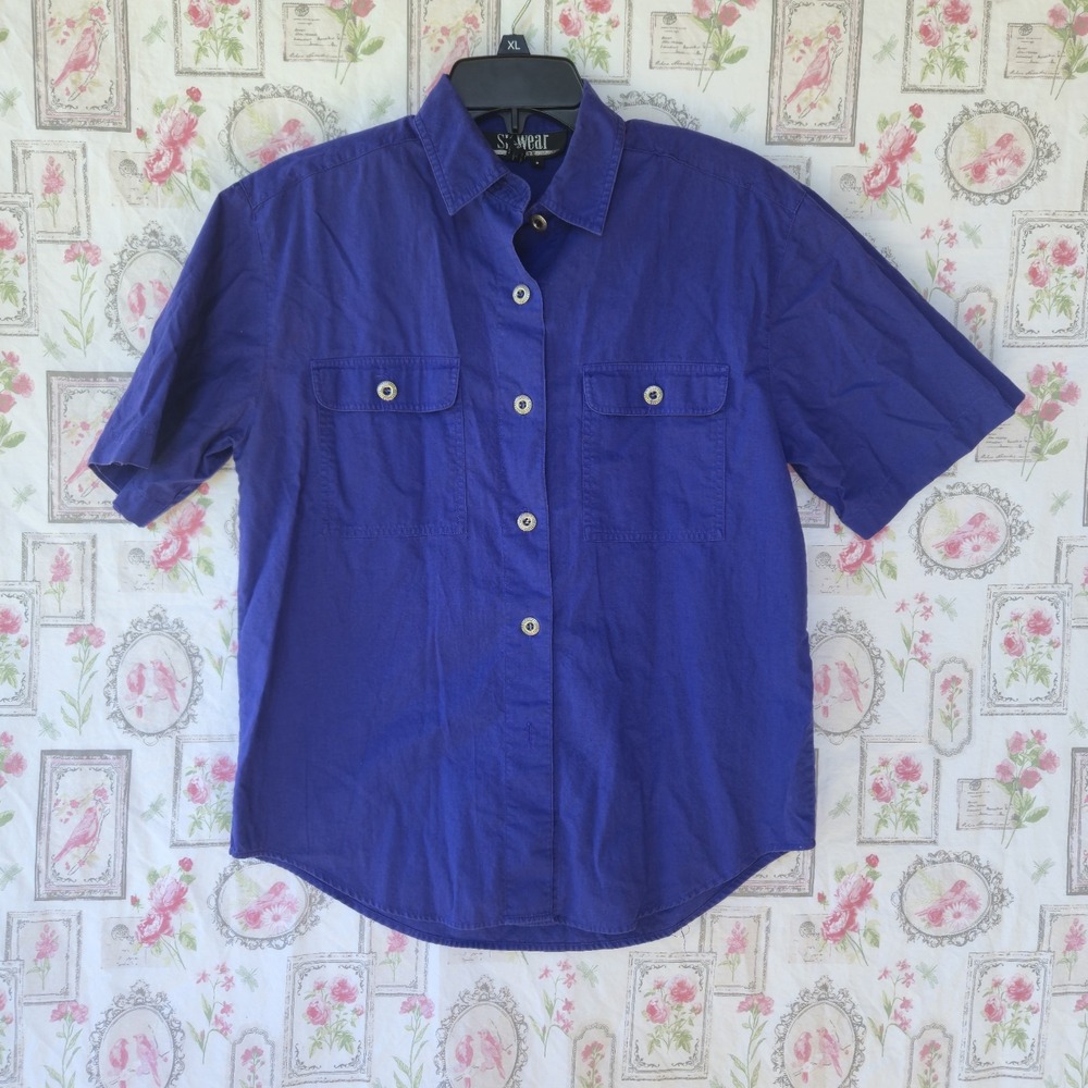 Vtg 90s SK Wear Petite Womens Small Purple Cotton Shoulder Pads Shorts Sleeve
